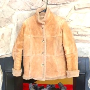 Suede and Shearling tan coat with natural fur lining by Territory Ahead